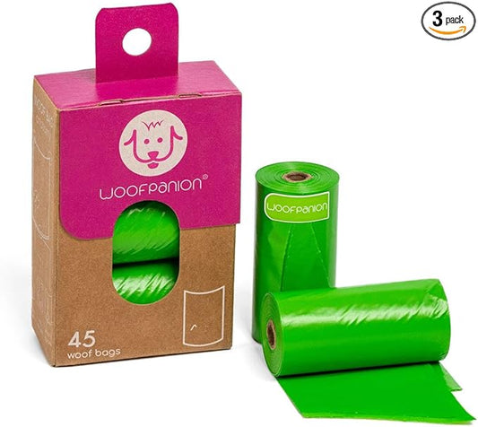 Woofpanion Improved Dog Poop Bags - Extra Strong Leak Proof Waste Bags Made from Recycled Plastic Unscented Refill Rolls for Easy Cleanup 3 rolls | 45 bags