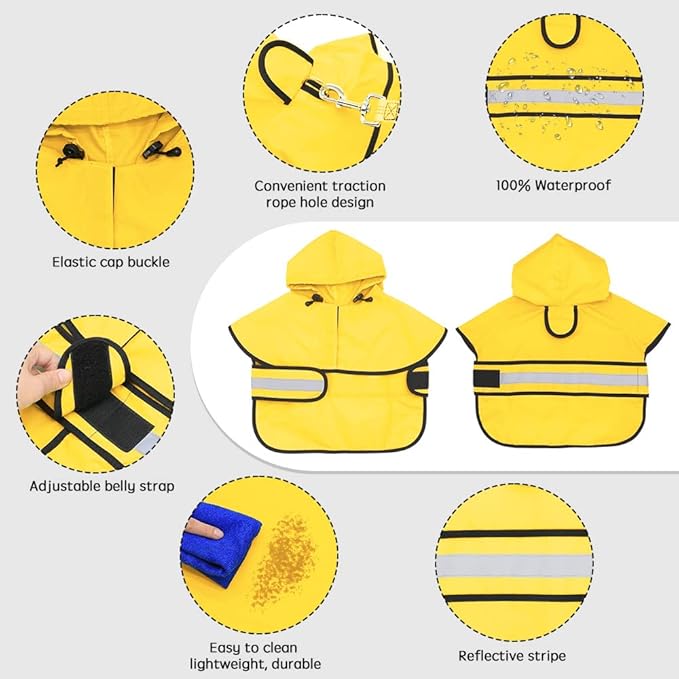 Candofly Dog Raincoat, Waterproof Dog Coat Hooded Pet Rain Jacket Lightweight Reflective Puppy Poncho Slicker with Leash Hole for Dog Walking (Small, Yellow)