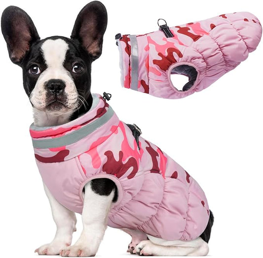 Lelepet Warm Dog Winter Coat Dog Coats for Small Dogs Waterproof Dogs Jacket with Harness Built in Reflective Cold Weather Coats Windproof Zip-Up Winter Fleece Vest Snowsuit Yorkie Pink Camo S