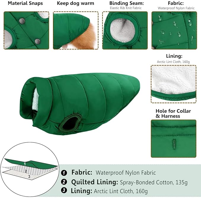 ASENKU Dog Winter Coat - Waterproof Windproof Dog Jacket, Warm Snowproof Doggie Puffer Vest for Cold Weather, Lightweight Snow Coats for Small Medium Large Dogs (L, Green)