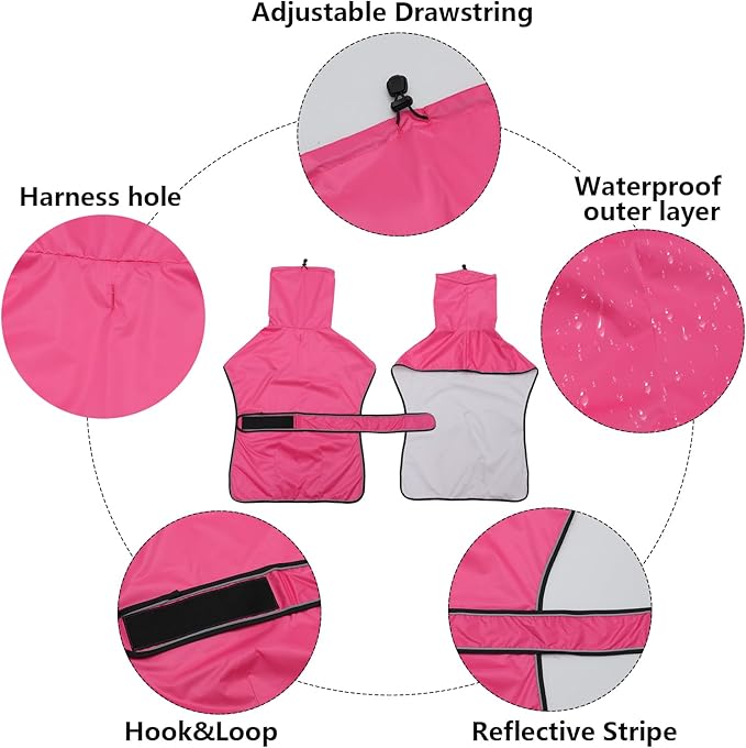 Dog Raincoat with Reflective Bar, Rain/Water Resistant, Adjustable Vest - Dog Raincoats for Greyhounds, Lurchers and Whippets - Pink - L