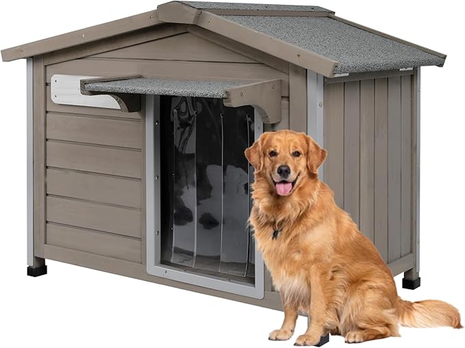 30''L Dog House Outdoor Indoor, Wooden Dog Houses with Waterproof Roof, Door Curtain, Anti-Chewing Frame, Elevated Doghouse Shelter Bed Kennel with Window, Removable Floor