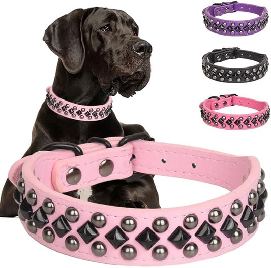 Serijoars Spiked Studded PU Leather Dog Collar for Small, Medium, Large Breeds, Pit Bull, Bully, Husky, Terrier, Adjustable (Pink, L (41-47CM))