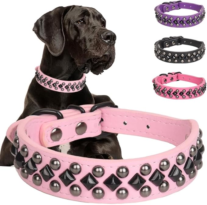 Serijoars Spiked Studded PU Leather Dog Collar for Small, Medium, Large Breeds, Pit Bull, Bully, Husky, Terrier, Adjustable (Pink, XL (45-52CM))