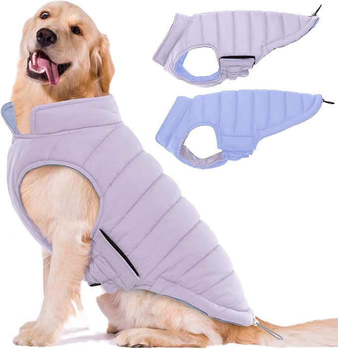 Lelepet Reversible Dog Coat Waterproof Dog Jacket Windproof Puffer Vest for Winter Warm Lightweight Coats for Large Dogs Adjustbale Hook & Loop Pet Apparel with Leash Hole, Golden Retriever, 3XL