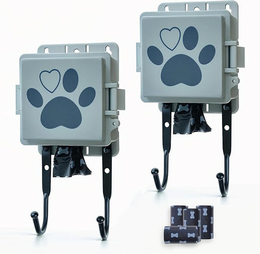 Dog Poop Bag Holder Wall Mount Pet Waste Bags Dispenser With Hooks And 2 Rolls, 2 Pcs Set, 2 Mini Waterproof Doggy Bag Containers For Yard, Backyard Cleanup (2 mini dispensers)