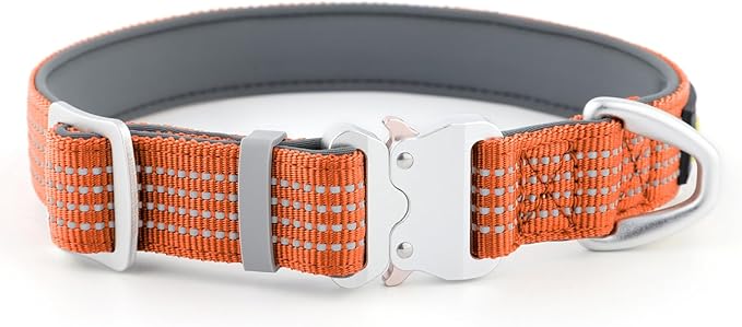 Plutus Pet Reflective Dog Collar with Aviation Aluminum Buckle, Neoprene Padded for Comfort, Lightweight, Heavy Duty Nylon Collar for Puppy Small Medium Large Dogs (Orange, L)