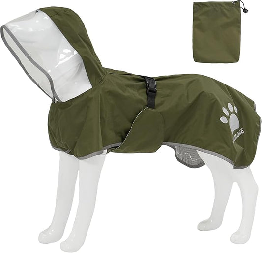 MAMORE Dog Raincoat Hooded Rain Jacket for Small Medium Large Dogs Slicker Poncho Bottom Waterproof Adjustable Reflective Breathable Leash Hole (Army Green, Medium)