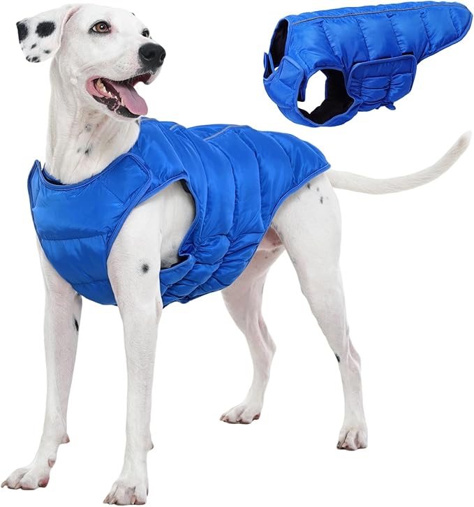 Kuoser Dog Puffer Jacket Warm Dog Coat for Medium Large Dogs, Windproof Reflective Pet Padded Vest Cold Weather Clothes Puppy Snowsuit with Hook & Loop Coats, Easy On/Off, Blue L