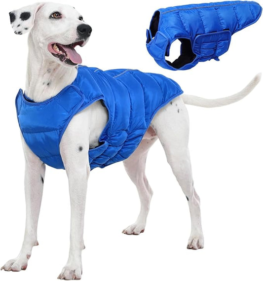 Kuoser Dog Puffer Jacket Warm Dog Coat for Medium Large Dogs, Windproof Reflective Pet Padded Vest Cold Weather Clothes Puppy Snowsuit with Hook & Loop Coats, Easy On/Off, Blue L