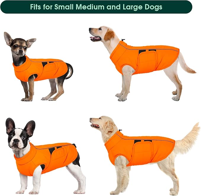 Kuoser Dog Jacket, Winter Dog Coats for Medium Dogs, Reflective Doggie Cold Weather Coats Pet Clothes, Puppy Snow Jacket for Frech Bulldog, Boston Terrier, Orange L