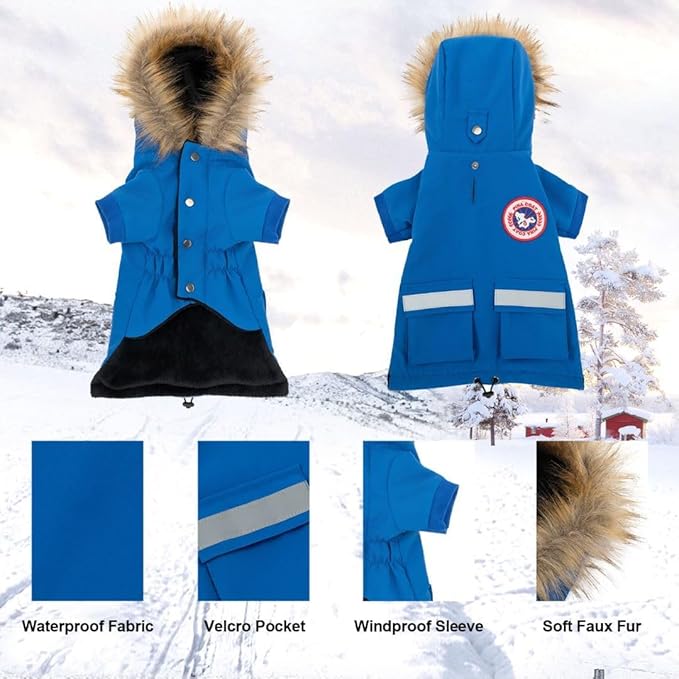 PINA Dog Coats for Small Dogs, Waterproof Dog Jacket, Dog Winter Coat Jacket, Warm Dog Cold Weather Coats, Windproof Reflective Dog Hoodie with Pocket, Flannel Lining Dog Snow Coat with Faux Fur Hood