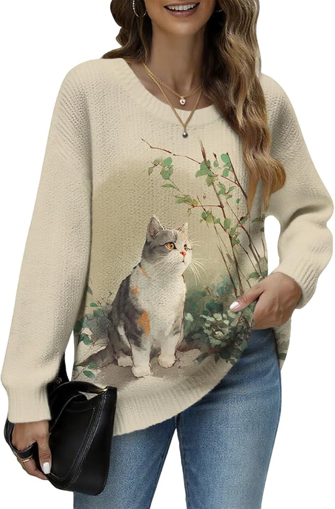 Women's Cat Printed Sweater Oversized Cable Knit Long Sleeve Christmas Clothes Casual Autumn Winter Fashion Tops