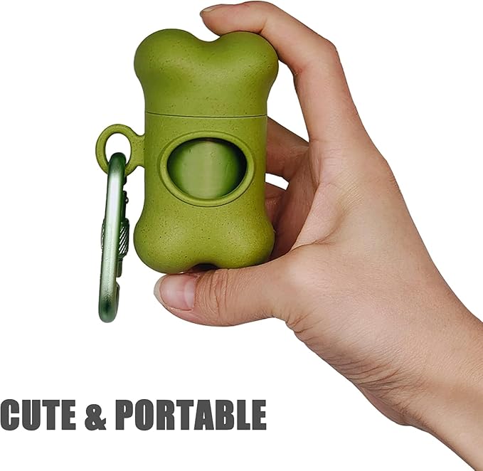Bone-Shaped Dog Poop Bag Holder for Leash |Dispenser with 15 Leak-Resistant Waste Bags & Carabiner Clip(Green)
