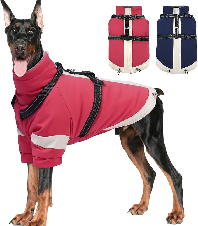 MIGOHI Dog Coat with Harness Built in, 2-in-1 Thermal Water-Resistant Dog Jacket, Windproof Reflective Snowsuit for Extra Large Dogs with High Collar, German Shepherd, Pink, 3XL