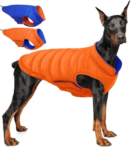 QBLEEV Reversible Dog Jacket for Large Dogs, Waterproof Windproof Winter Coat with Adjustable Hook & Loop Design, Lightweight Puffer Vest Keeps Dogs Warm & Dry, Orange, XL – Fits Pitbull, Boxer