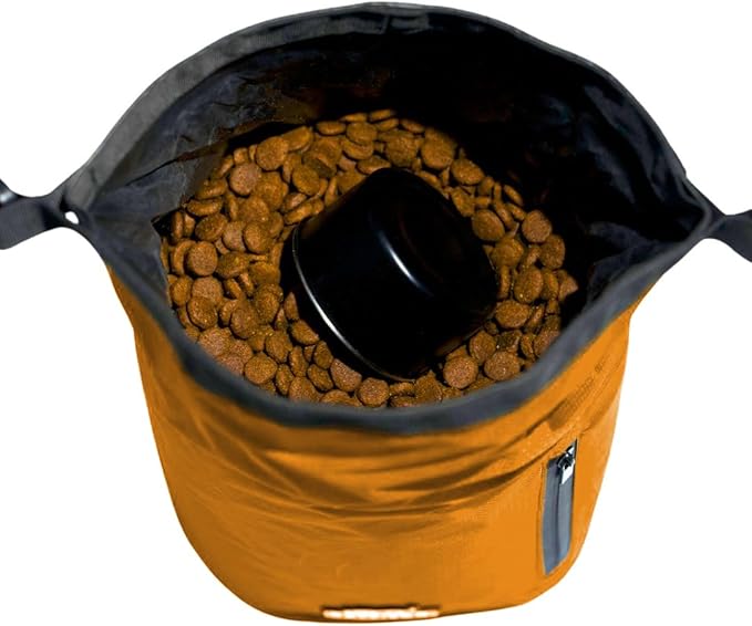 Callieco Dog Food Travel Bag w/ 1 Cup Scoop and Zipper Side Pocket | Waterproof Kibble Storage Container for Home, Road Trips, Camping, Boarding and More (Orange, 64 Cups)