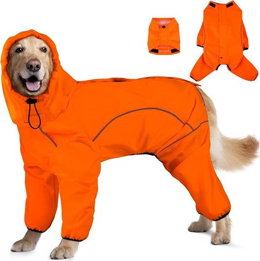 Dog Raincoat, Waterproof Dog Rain Jacket with Removable Hood，Adjustable 4 Legs Pet Poncho with Leash Hole，Reflective Stripe Hooded Snowproof Windproof Clothes for Small to 3X-Large Dogs, M