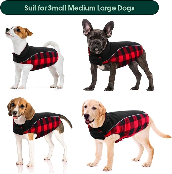 Kuoser Dog Winter Coat, Reversible Waterproof Dog Jacket with Reflective Strip, Warm Dogs Fleece Vest Adjustable Doggy Cold Weather Clothes Plaid Christmas Outfit Pet Apparel for Large Dogs, Red 2XL