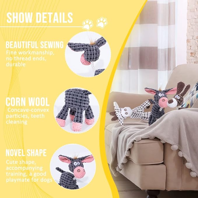 Soputry Plush Squeak Pet Toy, Interactive Stuffed Sound Toy for Small Medium Large Dogs (Cow+Donkey)