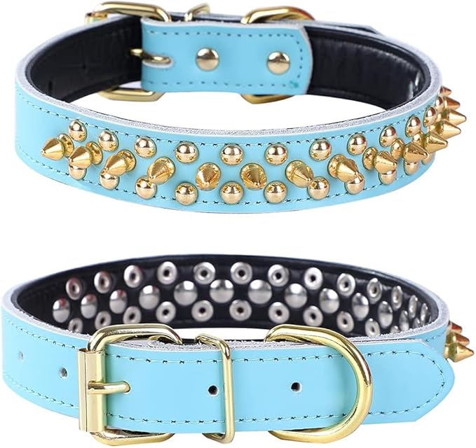 Adjustable Genuine Leather Spiked Studded Dog Collars for Small Medium Large Pets Like Pit Bull Bulldog Pugs Husky (L, Light Blue2)