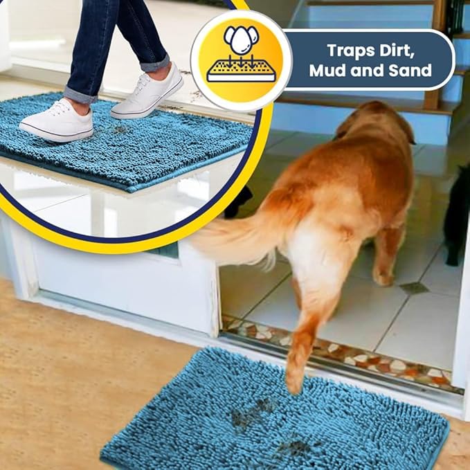 Muddy Mat® AS-SEEN-ON-TV Highly Absorbent Microfiber Door Mat and Pet Rug, Non Slip Thick Washable Area and Bath Mat Soft Chenille for Kitchen Bathroom Bedroom Indoor and Outdoor - Sky Blue 36" x 120"