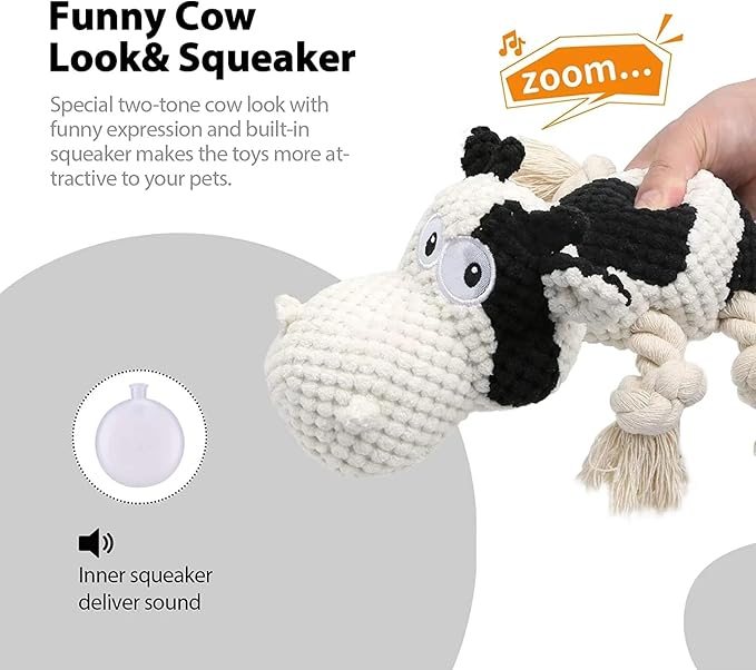 COWIE - Durable Plush Cow Dog Toy with Rope – Soft Chew Toy for Puppies Small Medium & Large Dogs – Crinkle Ears, Teeth-Cleaning & Interactive Squeaky Dog Toys