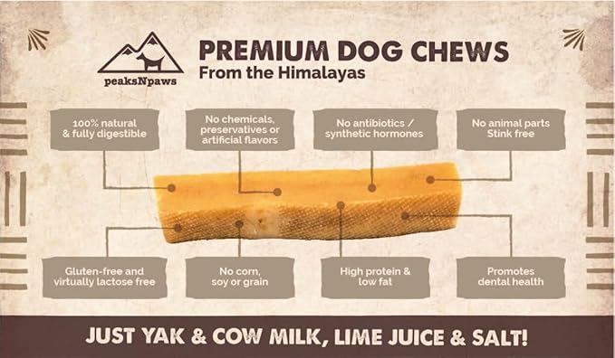 peaksNpaws Himalayan Yak Chews, High Protein Dog Treat for Aggressive Chewers, Natural, Long Lasting, Lactose Free Chew Stick for Pet Under 35 lbs, 6 Medium Treats, 100% Eco-Friendly Packaging
