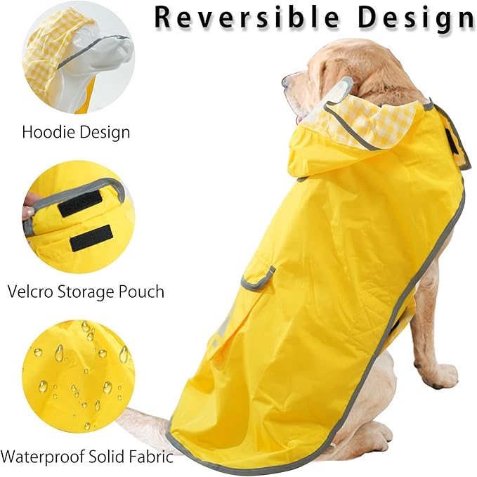 MAMORE Dog Raincoat Reversible,Waterproof Dog Rain Coat Hooded Slicker Poncho with Reflective Strip, Plaid Double Layer Rain Jacket for Small Medium Large Dogs (Yellow, X-Small)