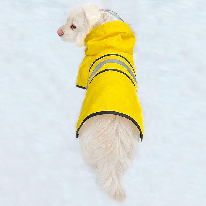 Dog Raincoat Waterproof Reflective Slicker - Lightweight Breathable Hooded Poncho Rain Coat Jacket with Adjustable Belly Strap and Leash Hole for Small Medium Large Dogs (Medium, Yellow)
