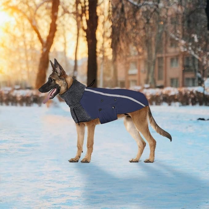 SlowTon Winter Dog Coat, Warm Polar Fleece Lining Doggie Outdoor Jacket with Turtleneck Scarf Reflective Stripe Adjustable Waterproof Windproof Puppy Vest Soft Pet Outfits (M+,Dark Blue)
