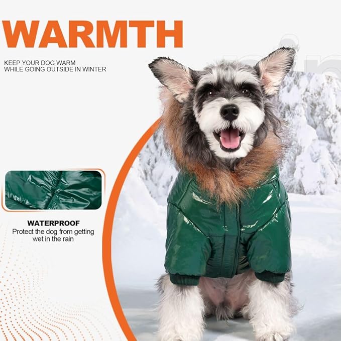 PINA Dog Winter Coat with Large Faux Fur Hood, Windproof and Warm, Suitable for Small to Large Dogs, Green, XXL