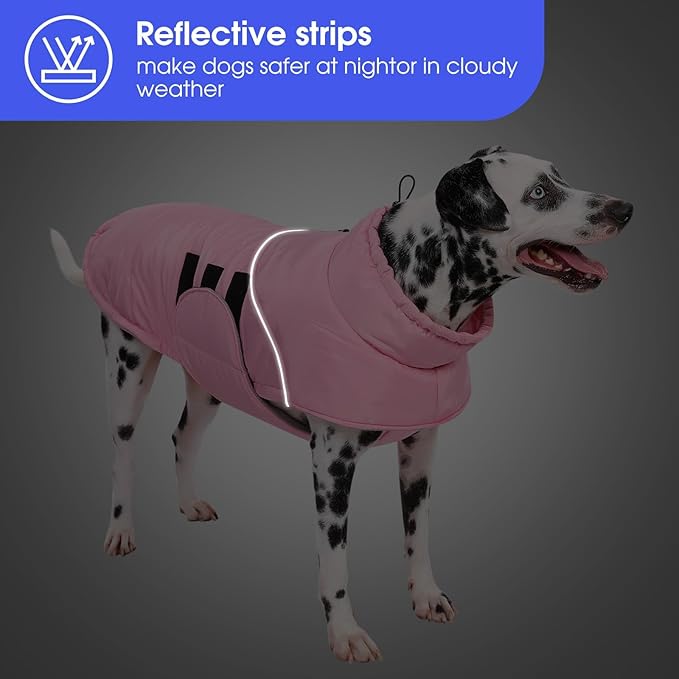 ASENKU Extra Warm Dog Coat - Winter Jacket with Fleece, Reflective, Adjustable, Zippered Leash Hole for Large Dogs, Turtleneck (Pink, 4XL)