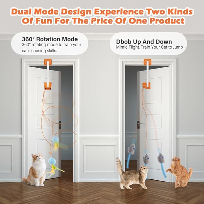 Rechargeable Electric Cat Teaser with Remote – Interactive Door Clip Toy for Cats, 2 Motion Modes (360° Spin & Irregular Jumping), Smart Auto Cat Toy for Exercise & Fun (Orange)