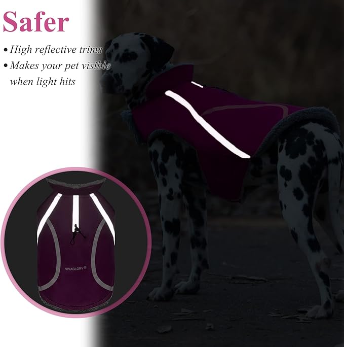 VIVAGLORY Frostfit Dog Coat, Dog Jacket for Winter & Cold Weather, Warm Fluffy Fleece Lined Water Resistant Reflective for Puppy, Coat with Velcro Fastening & Leash Hole, XL, Fuchsia