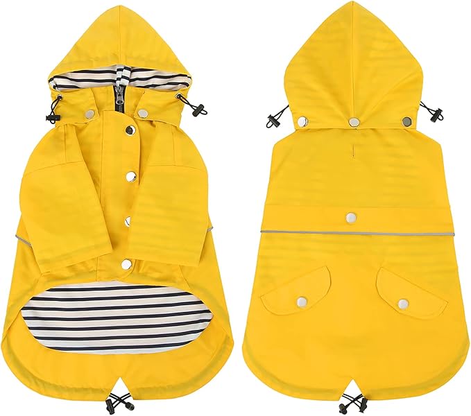 HDE Dog Raincoat Poncho Double Layer Zip Rain Jacket with Removable Hood, Leash Hole for Small to 3XL Dogs and Puppies Yellow - L