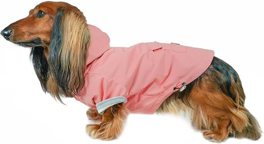 DJANGO Highland Dog Jacket & Raincoat – Water-Repellent, Lined Dog Coat with Hood, Adjustable Fit & Harness Hole – Lightweight Rain & Wind Jacket for Small & Medium Dogs up to 30 lbs (Pink, Medium)