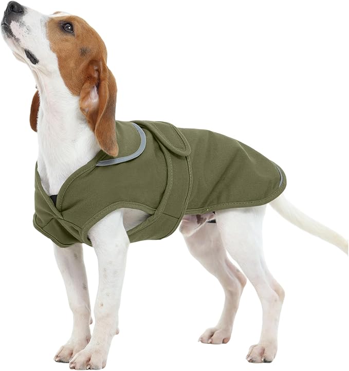 Kuoser Canvas Dog Coat, Warm Dog Jacket Reflective Fleece Pet Cold Weather Coat, Warm Doggie Clothes Waterproof Winter Vest with Zipper Leash Hole for Small Medium Large Dogs, Army Green S