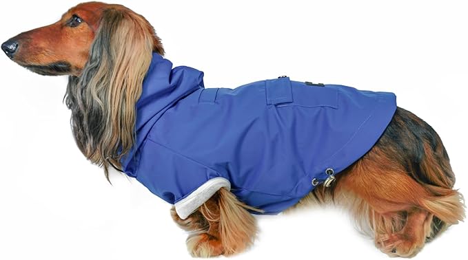 DJANGO Highland Dog Jacket & Raincoat – Water-Repellent, Lined Dog Coat with Hood, Adjustable Fit & Harness Hole – Lightweight Rain & Wind Jacket for Small & Medium Dogs up to 30 lbs (Blue, Medium)