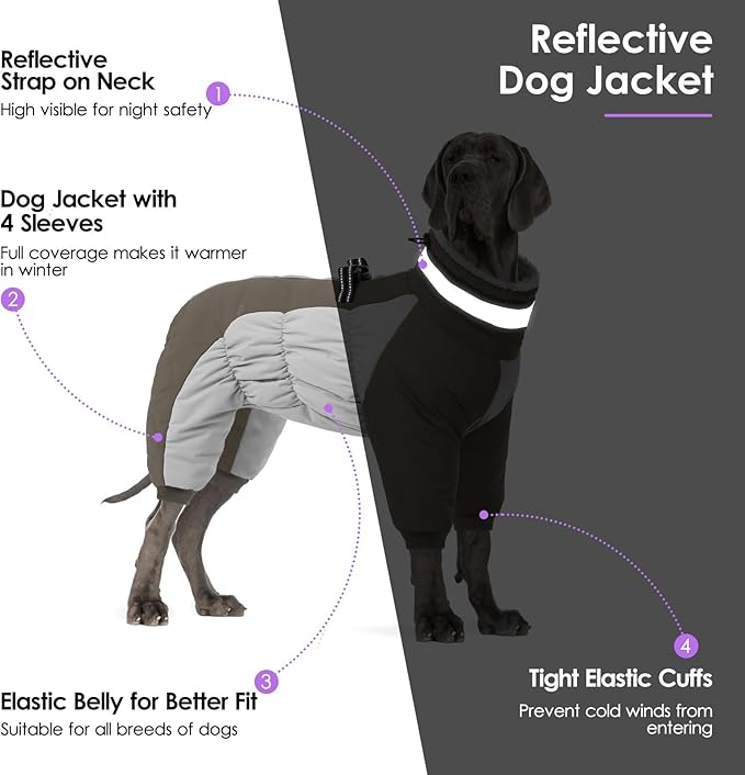 SUNFURA Full Body Dog Coat - Warm Fleece Jacket for Extra Large Dogs, Turtleneck Winter Coats with Harness, Reflective Dog Snowsuit Windproof Puffer Jackets with Legs for Great Dane, Army Green 3XL