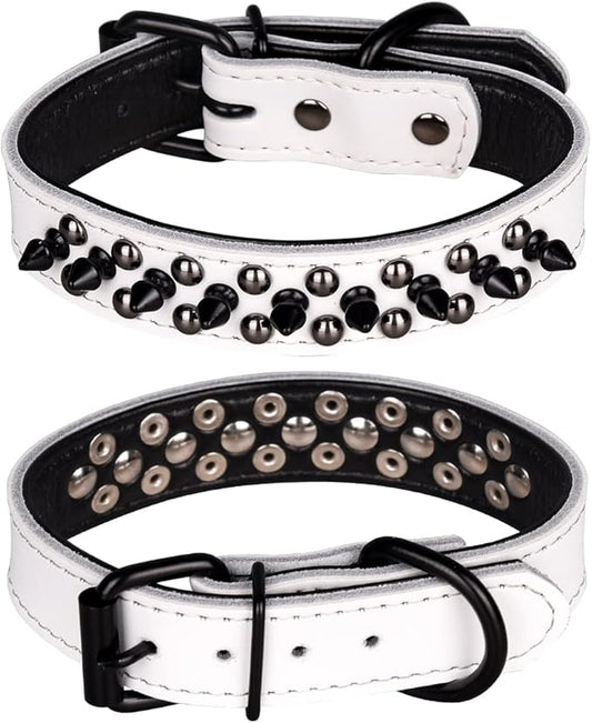 Adjustable Genuine Leather Spiked Studded Dog Collars for Small Medium Large Pets Like Pit Bull Bulldog Pugs Husky (L, White1)
