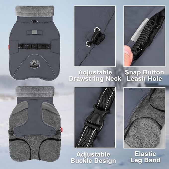 KYEESE Waterproof Dog Coat, Windproof Warm Winter Jacket with Leash Hole, Reflective Cold Weather Dog Coats for Small Dogs, Outdoor Pet Coat Cozy Puppy Jacket Thick Fleece Lined, Gray, Small