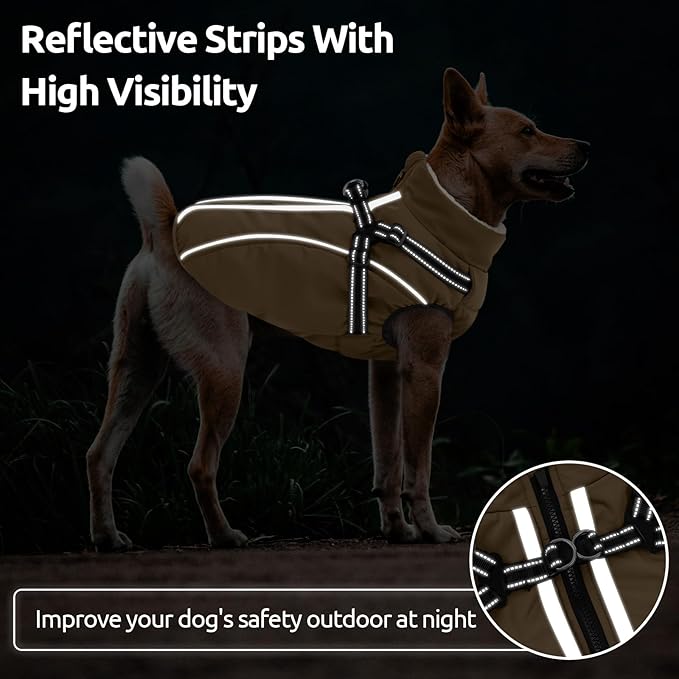 Dog Winter Coat with Harness Built in Warm Puffer Dog Jackets for Small Medium Large Dogs Windproof Waterproof Outfit with Plush Lining and Reflective Stripes (Brown, 2XL)