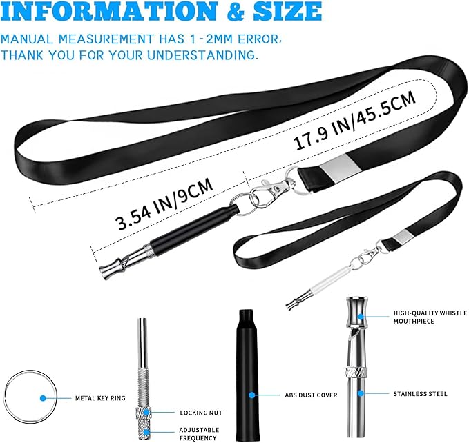 2 PCS Dog Whistles,Professional Recall Dog Training Whistle with Lanyard,Adjustable Ultrasonic Silent Dog Recall Whistles,Dog Whistle to Stop Barking Neighbors Dog,Dog Barking Stopper (Black+White)