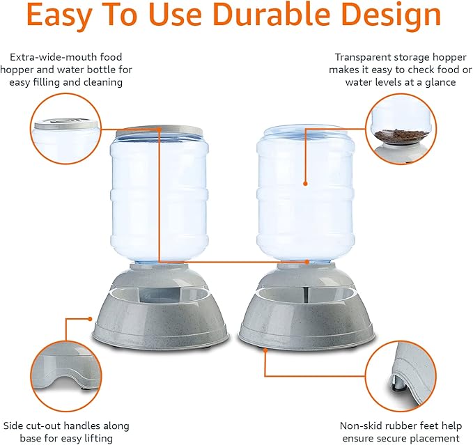 Amazon Basics Automatic Dog Cat Water Dispenser Gravity Feeder and Waterer Set, Large, 456.6fl.oz food feeder, 382.1fl.oz water dispenser, Gray