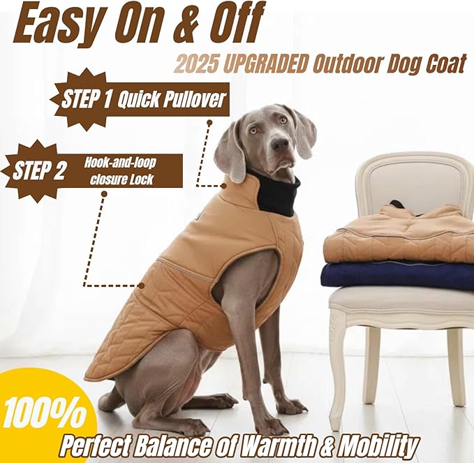 Outdoor Classic Quilted Upgraded Dog Winter Coat, Waterproof & Warmth Coats for Extra Large Dogs, Easy On & Off Jacket Chest Adjustable, Thick Pet Jackets for Great Dane Doberman(Khaki, 3XL)