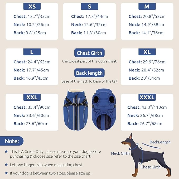 Dog Winter Coat with Harness Built in Warm Puffer Dog Jackets for Small Medium Large Dogs Windproof Waterproof Outfit with Plush Lining and Reflective Stripes (Blue, 2XL)