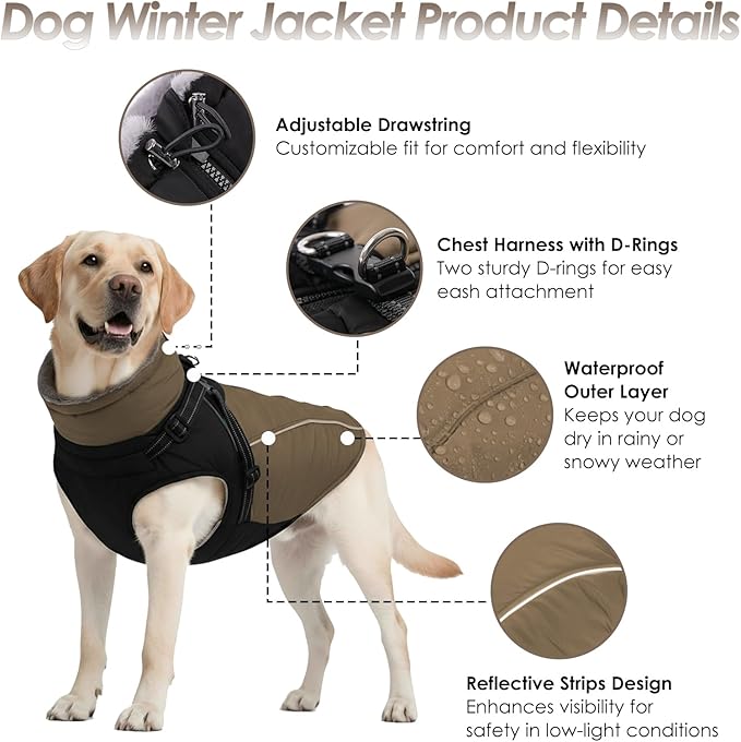 ASENKU Reflective Dog Coat with Built-in Harness, Windproof Fleece-Lined Dog Jacket for Small, Medium, Large Dogs, Warm Winter Vest with Turtleneck & Zipper (Khaki 3XL)
