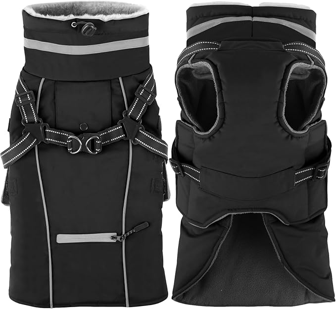Doglay 2 in 1 Dog Coat with Harness Built-in, Waterproof Dog Winter Jacket with Pocket & Poop Bags, Reflective Adjustable Pet Winter Coat for Small, Medium, Large Dogs