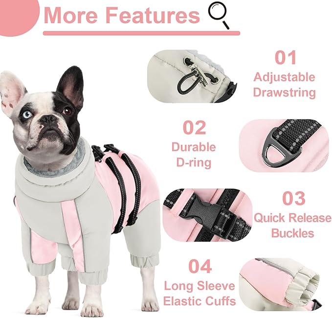 KOESON Four Legged Winter Coat, Warm Dog Jacket with Adjustable Buckles, Turtleneck Windproof Fleece Jackets, Reflective Fullbody Snowsuit Puffer Coat Pink Grey L
